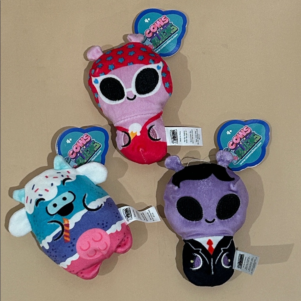 Colorful Aliens and Cow Plush Trio Set